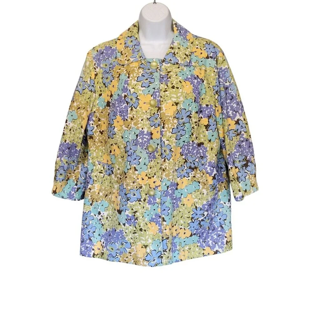 R.Q.T  Linen Blend Floral 70s Blazer Jacket Womens L Lined‎ Cottage Core Pockets